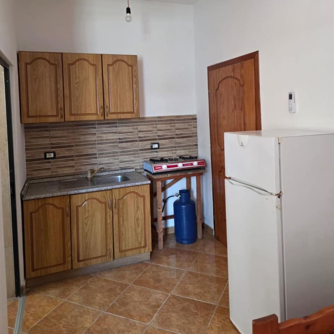 A kitchenette with wooden cupboards, a sink, a gas hob and a fridge