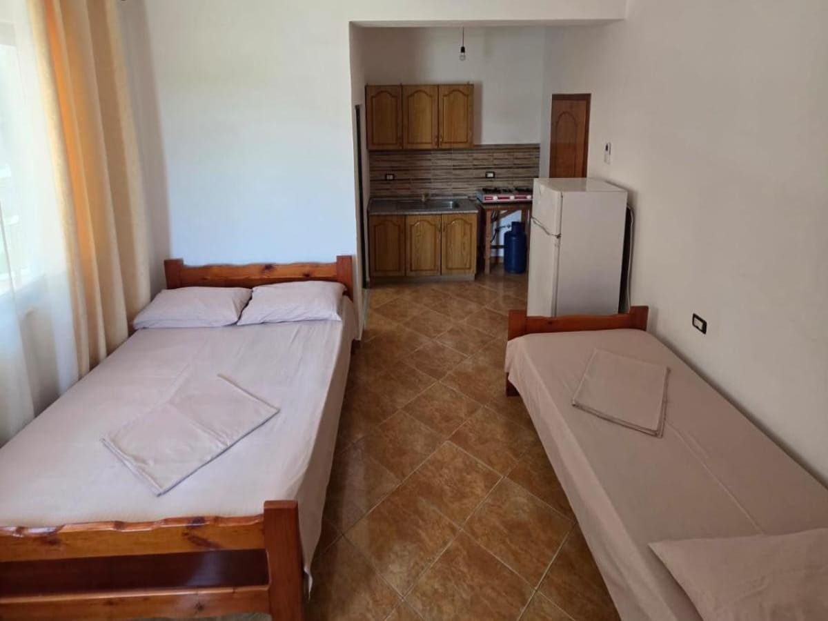 A double bed and a single bed along the walls of a studio, with the kitchenette at the far end