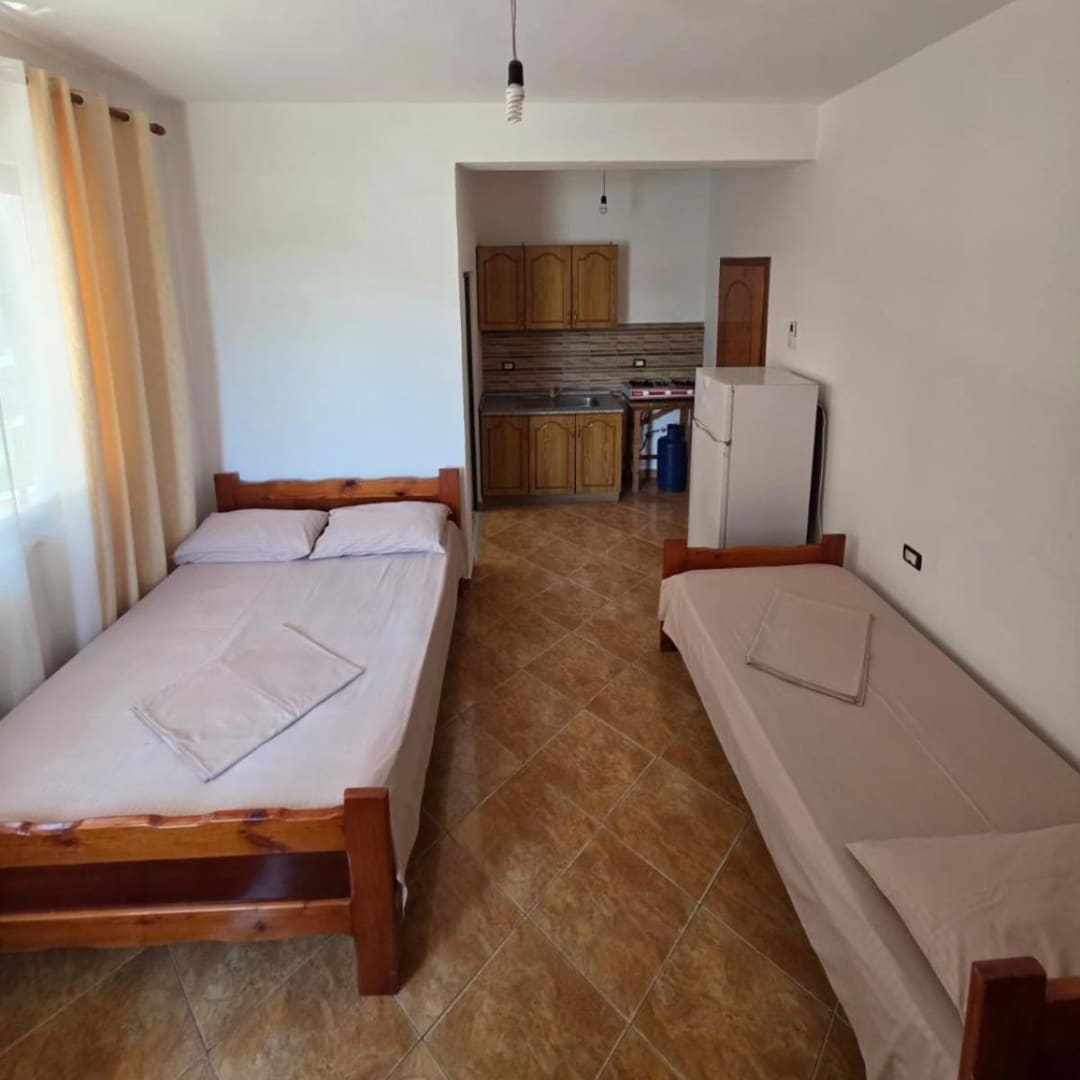 A double bed and a single bed along the walls of a studio, with the kitchenette at the far end